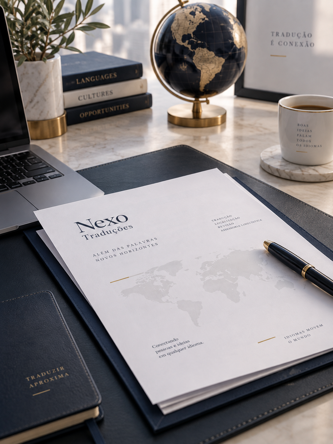 Documento da Nexo Traduções sobre a mesa, com globo e caderno